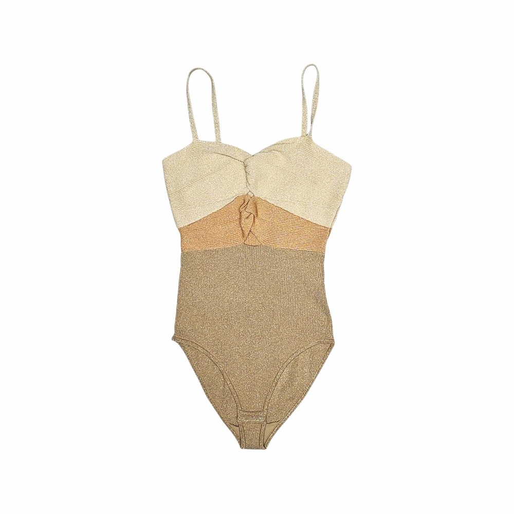 Sandro Shimmery Cream & Tan Colorblock One-Piece